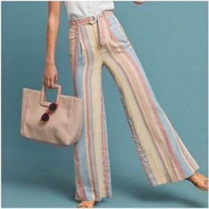 Anthropologie Beachy Wide Leg Pants Striped Women's size 6 LINEN BLEND BELTED